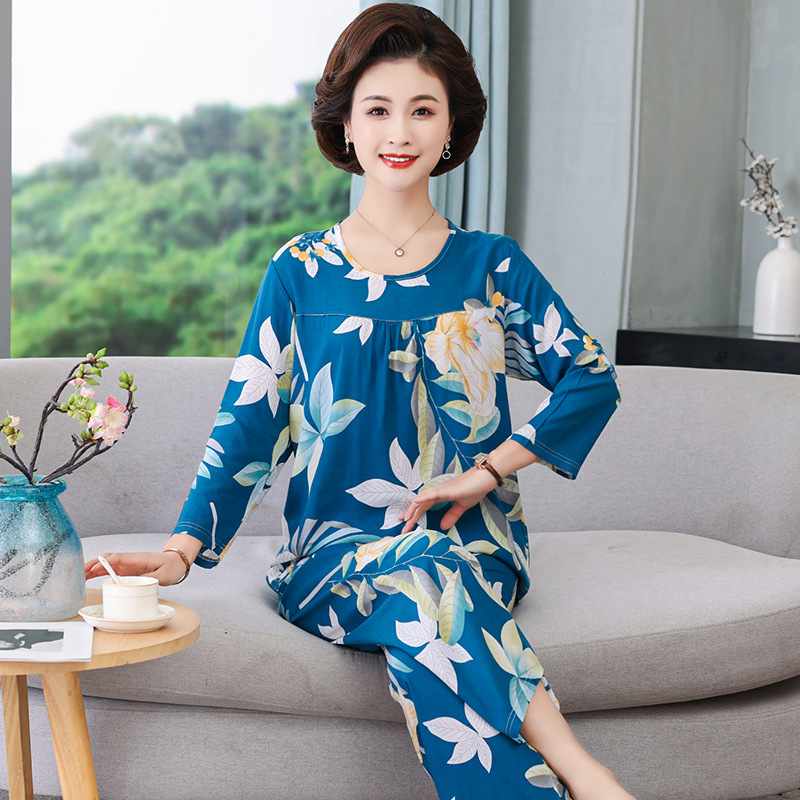 Pajama Women 2022 New Spring and Autumn Women's long-sleeved cotton silk home wear Mom Set Loose, large size summer Application Scenario