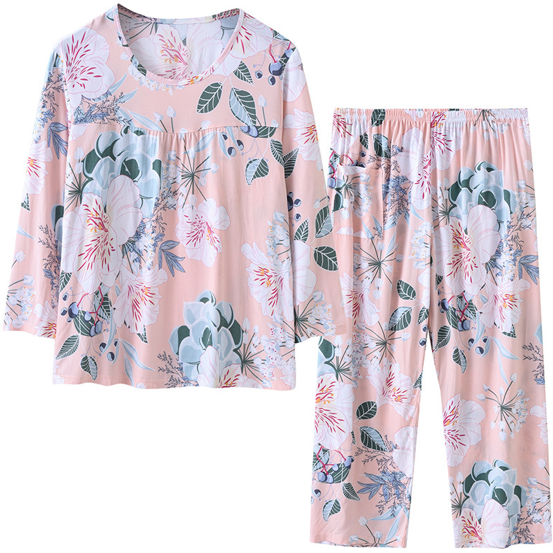 Pajama Women 2022 New Spring and Autumn Women's long-sleeved cotton silk home wear Mom Set Loose, large size summer Item Picture