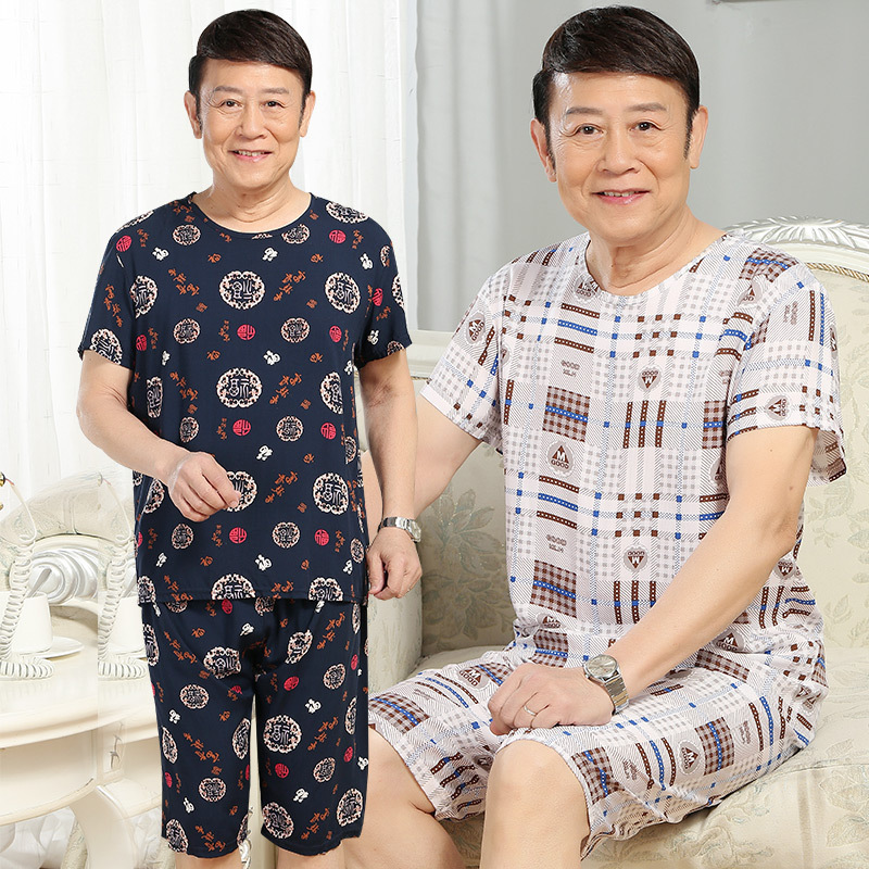 Dad pajama set, large-sized, short-sleeved cotton and silk two-piece set for middle-aged and elderly people. Cotton and artificial cotton can be worn outside as home wear
