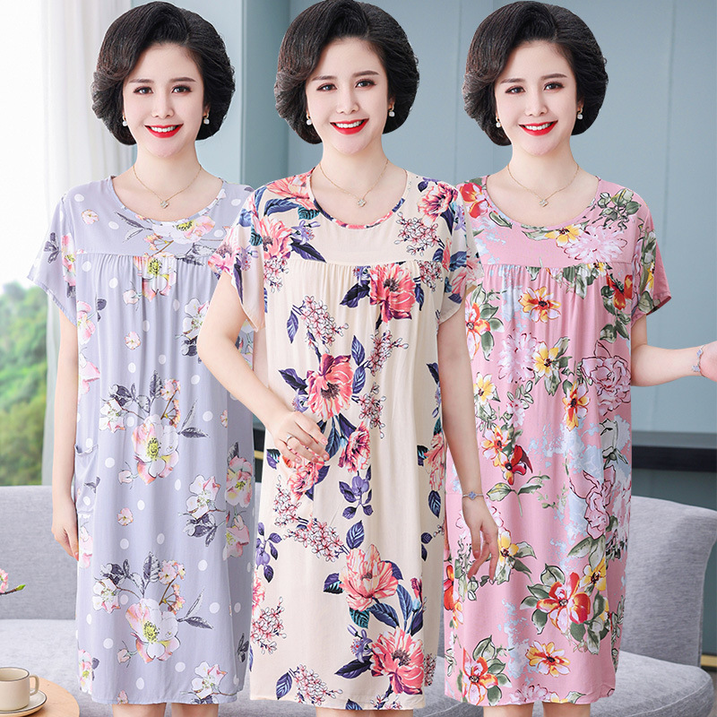 Cotton and silk sleeping skirts for middle-aged and elderly people, women's summer 2022 new artificial cotton pajamas, mom's home wear set, short sleeves Application Scenario