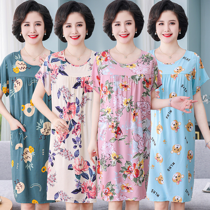 Cotton and silk sleeping skirts for middle-aged and elderly people, women's summer 2022 new artificial cotton pajamas, mom's home wear set, short sleeves details Picture
