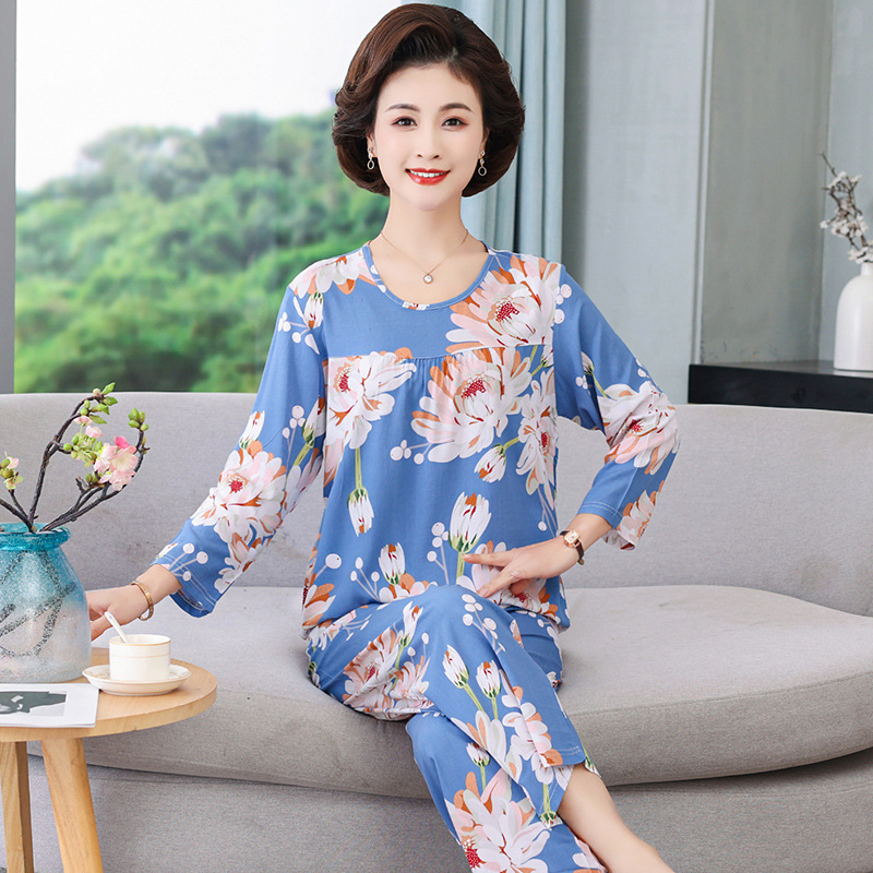 Pajama Women 2022 New Spring and Autumn Women's long-sleeved cotton silk home wear Mom Set Loose, large size summer Specification image