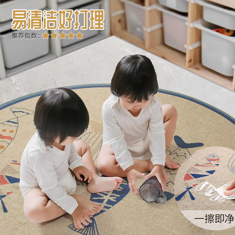 夏ins风儿童地毯 少女卧室床边毯圆形坐垫卡通爬爬垫可爱仿麻地垫产品图