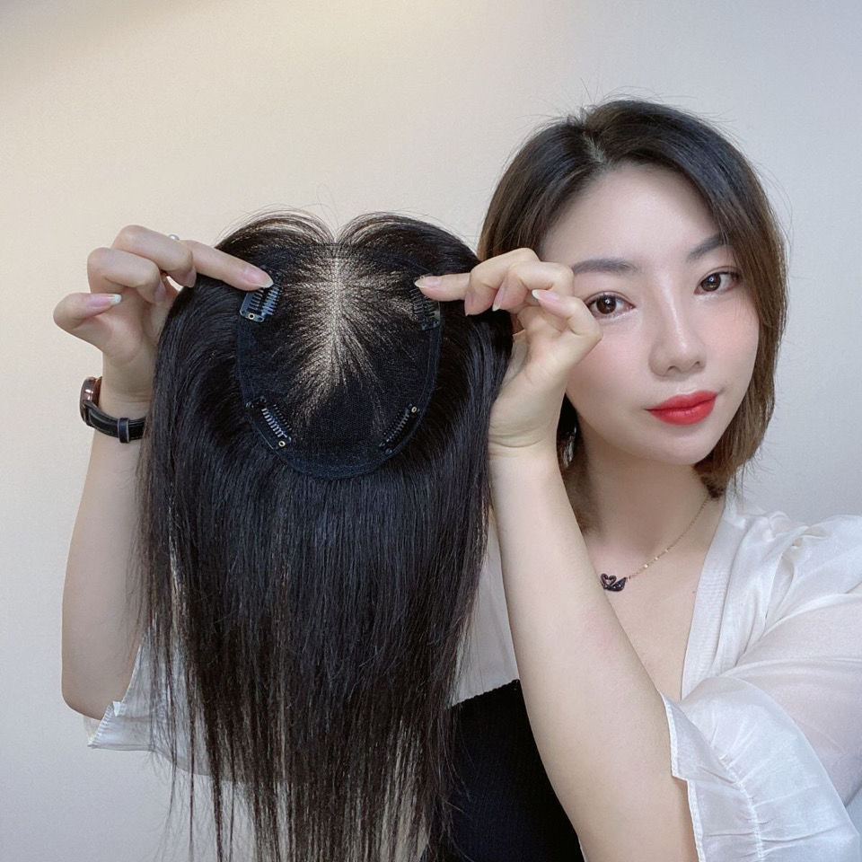Factory wholesale wig pieces, real hair, short hair for women to cover white hair, fully hand-woven Swiss net, top hair replacement pieces, false hair pieces