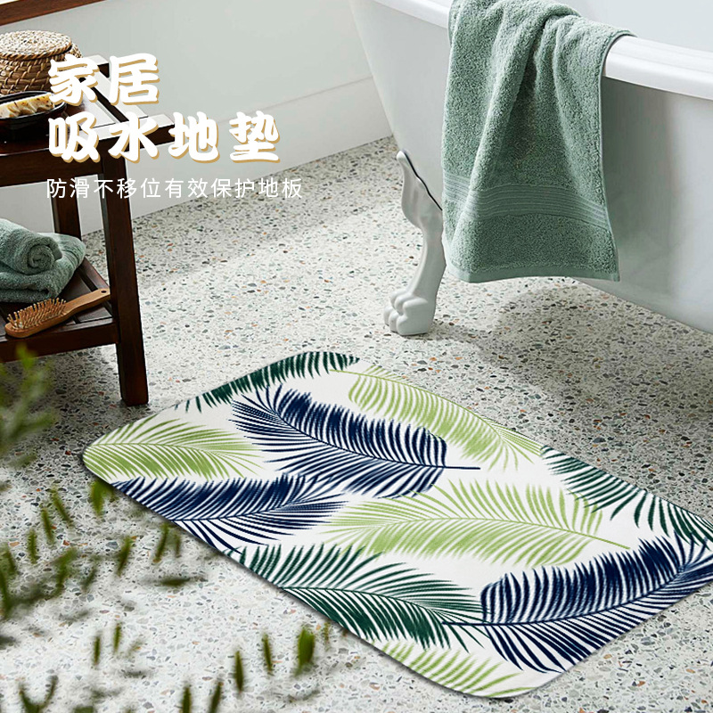 清新小雏菊树叶地垫 ins风浴室垫 法兰绒印花洗手间干湿分离地毯