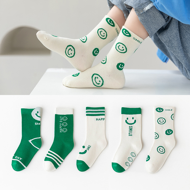 2022 Children's Socks Autumn and winter combed cotton green mid-calf socks Breathable smiling baby socks one-piece consignment