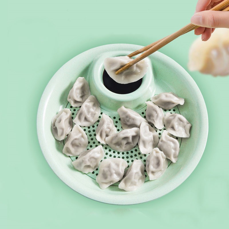 创意高颜值水饺托盘吃饺子盘子带醋碟碗 双层沥水家用饺子盘