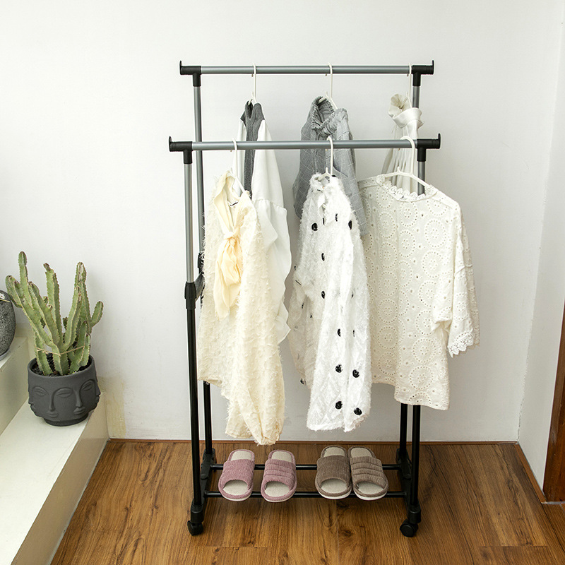 Ordinary iron pipe small-sized lifting clothes drying rack, floor-standing double-bar non-telescopic clothes rack with moving wheels