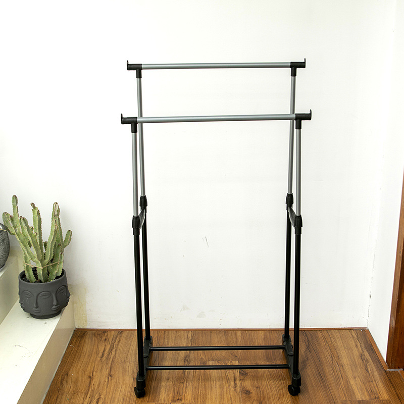Ordinary iron pipe small-sized lifting clothes drying rack, floor-standing double-bar non-telescopic clothes rack with moving wheels details Picture