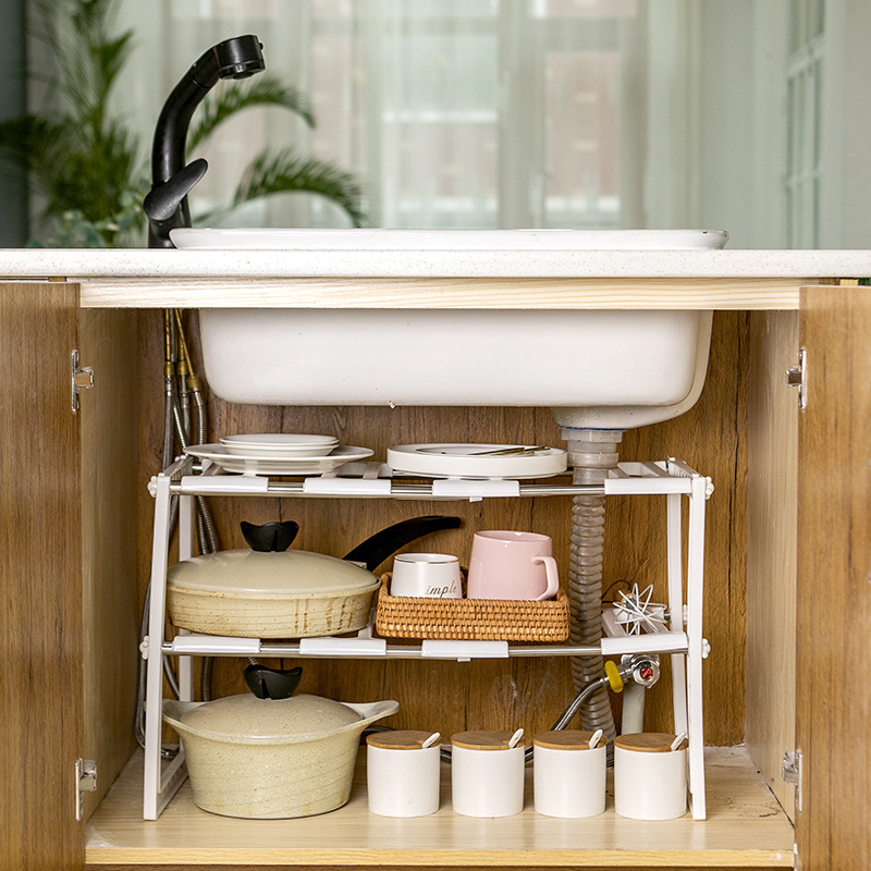 Simple and practical stainless steel telescopic sink, kitchen storage rack, floor-standing pot rack, and miscellaneous storage and organization rack