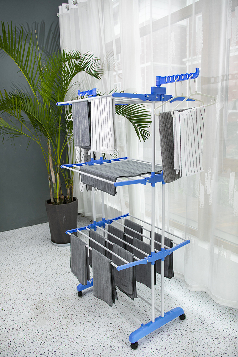 Classic wing-shaped folding movable floor-standing clothes drying rack with wheels, telescopic four-layer indoor towel rack, metal rack Specification image