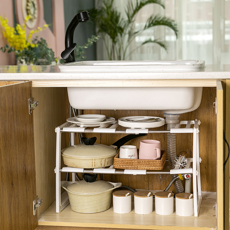 Simple and practical stainless steel telescopic sink, kitchen storage rack, floor-standing pot rack, and miscellaneous storage and organization rack details Picture