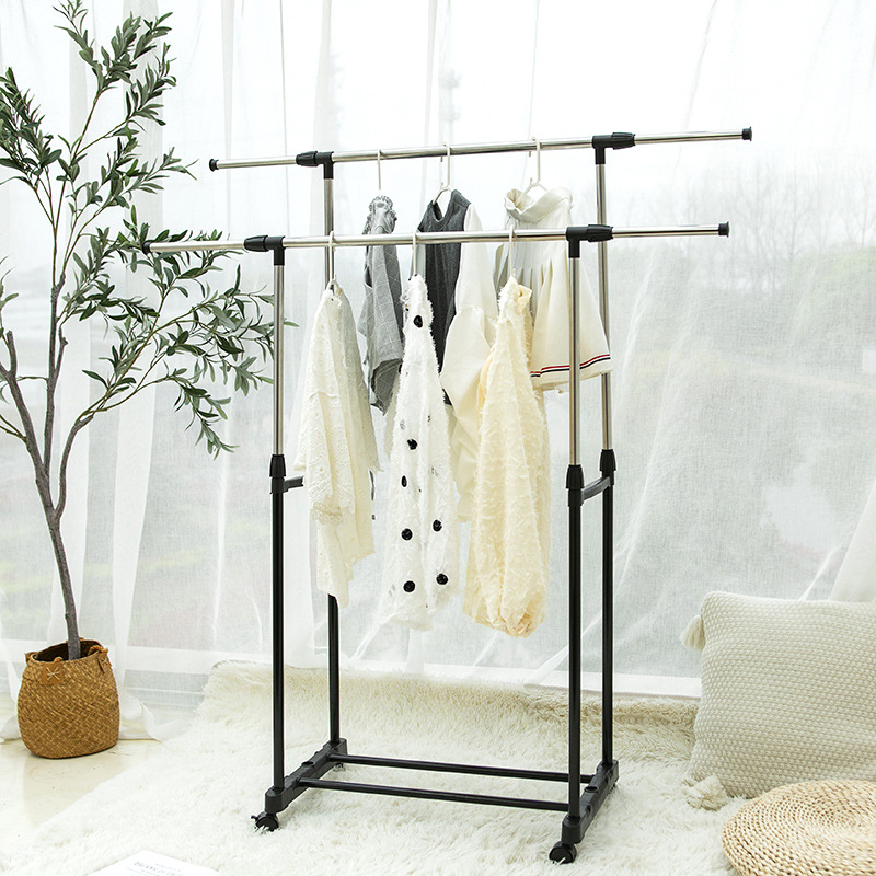 The classic model should have floor-standing wheels, high and low double bars, telescopic modern and simple clothes drying rack and mobile hanging rack Specification image
