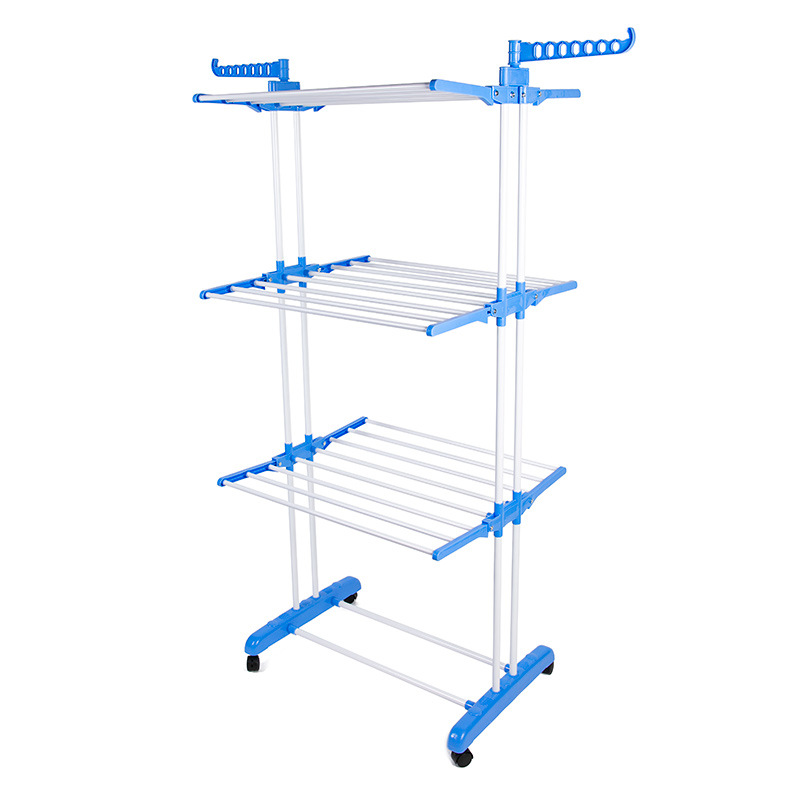 Classic wing-shaped folding movable floor-standing clothes drying rack with wheels, telescopic four-layer indoor towel rack, metal rack Item Picture