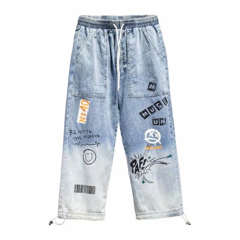 2021 Summer new letter-printed jeans, men's fashion brand loose cartoon skinny pants, ins drawstring Harem pants Item Picture