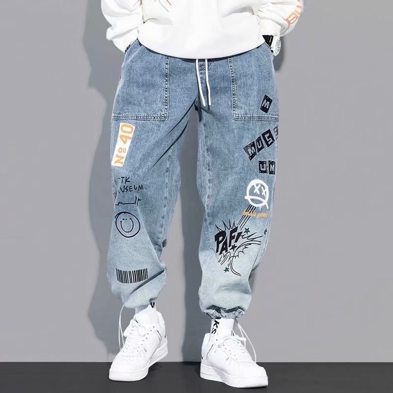 2021 Summer new letter-printed jeans, men's fashion brand loose cartoon skinny pants, ins drawstring Harem pants details Picture