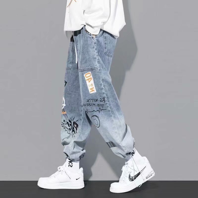 2021 Summer new letter-printed jeans, men's fashion brand loose cartoon skinny pants, ins drawstring Harem pants Specification image