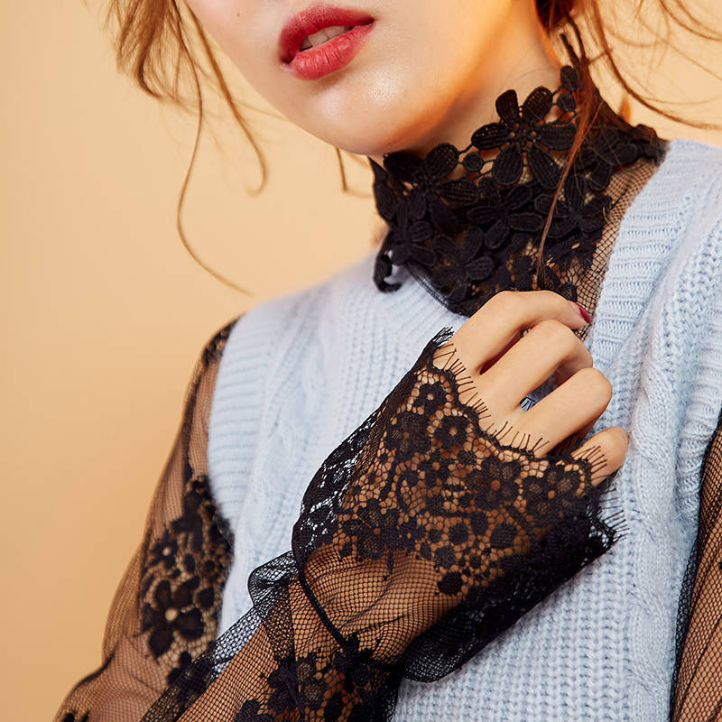 A stylish Korean-style lace blouse with a high collar and flared sleeves, paired with a sexy cut-out mesh and a sweater, is a super ethereal top Specification image