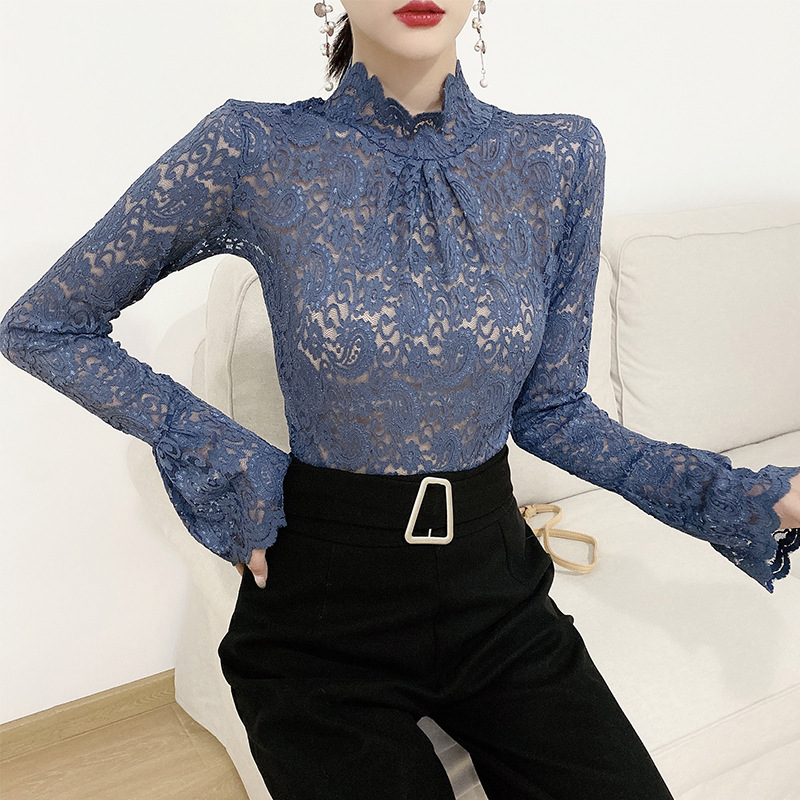 A Korean-style stylish lace top for women, paired with a new autumn and winter flared sleeve top, a long-sleeved semi-high-neck fitted base layer for women Specification image