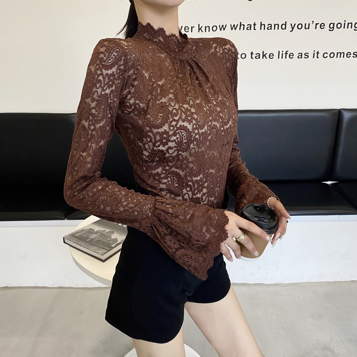 A Korean-style stylish lace top for women, paired with a new autumn and winter flared sleeve top, a long-sleeved semi-high-neck fitted base layer for women details Picture