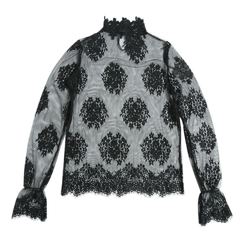 A stylish Korean-style lace blouse with a high collar and flared sleeves, paired with a sexy cut-out mesh and a sweater, is a super ethereal top Item Picture