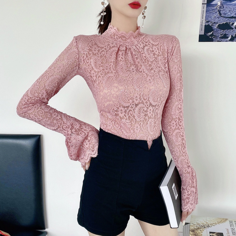 A Korean-style stylish lace top for women, paired with a new autumn and winter flared sleeve top, a long-sleeved semi-high-neck fitted base layer for women