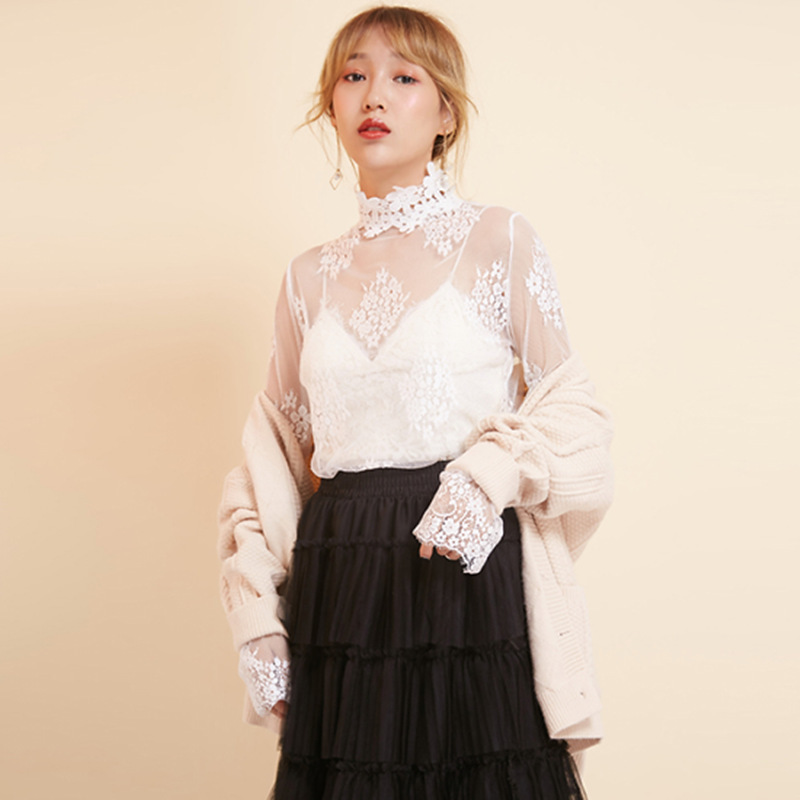 A stylish Korean-style lace blouse with a high collar and flared sleeves, paired with a sexy cut-out mesh and a sweater, is a super ethereal top details Picture