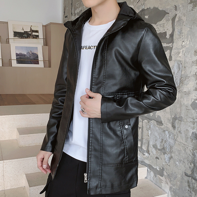 Mid-length PU leather jacket for men, comfortable leather hooded, thin windbreaker for autumn, fashionable and casual, Korean-style slimming 2020 Specification image