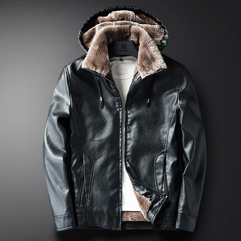 Winter men's PU leather cotton jacket, youth fur one-piece, fleece, thickened, hooded, slimming trend 1118