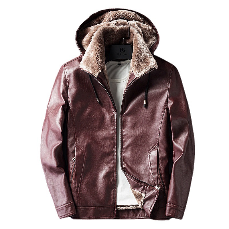 Winter men's PU leather cotton jacket, youth fur one-piece, fleece, thickened, hooded, slimming trend 1118 Item Picture