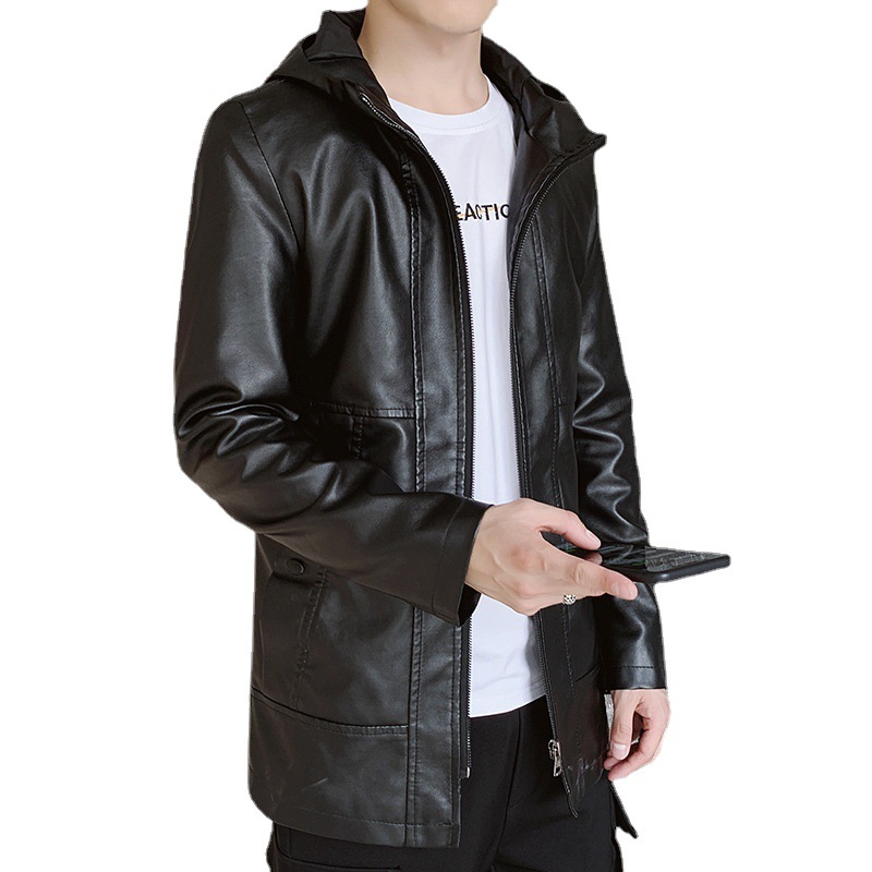 Mid-length PU leather jacket for men, comfortable leather hooded, thin windbreaker for autumn, fashionable and casual, Korean-style slimming 2020 Item Picture