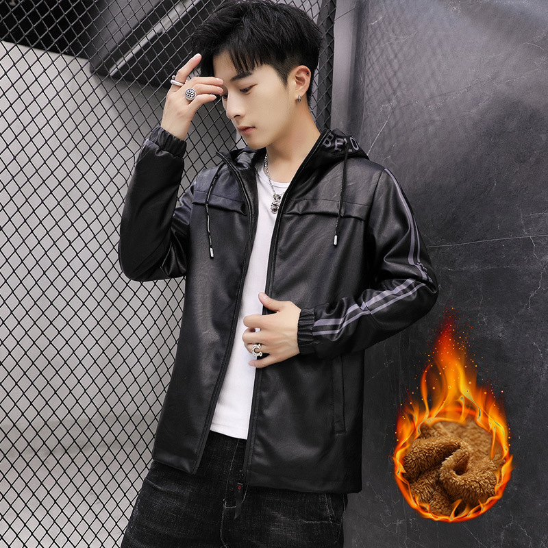 The new autumn and winter Korean-style casual men's warm fleece leather jacket for men's outerwear from a trendy leather jacket brand