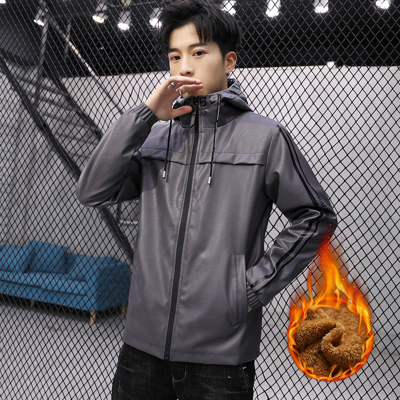 The new autumn and winter Korean-style casual men's warm fleece leather jacket for men's outerwear from a trendy leather jacket brand Specification image