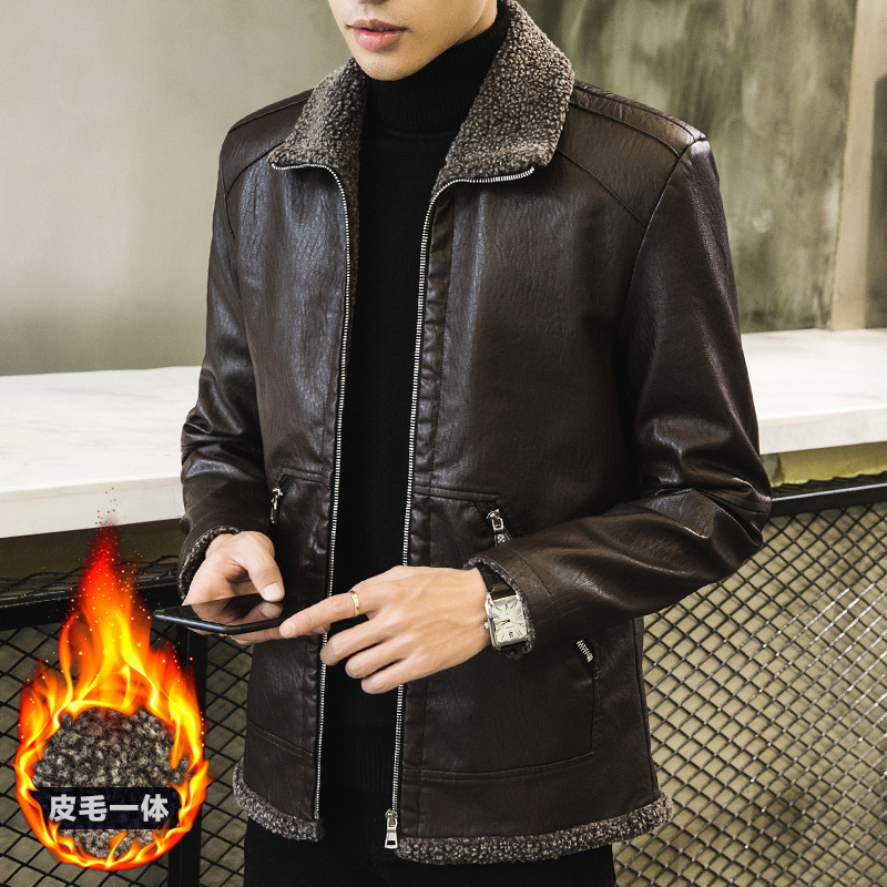 New winter men's fleece and thickened leather jacket, a one-piece fur coat for teenagers, Korean-style casual and trendy men's wear details Picture