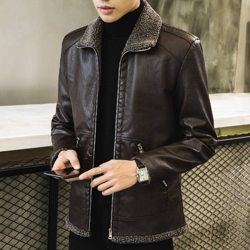 Wholesale of new leather jackets for men's youth in the autumn and winter of 2020, featuring a Korean-style fleece and fur fit Specification image