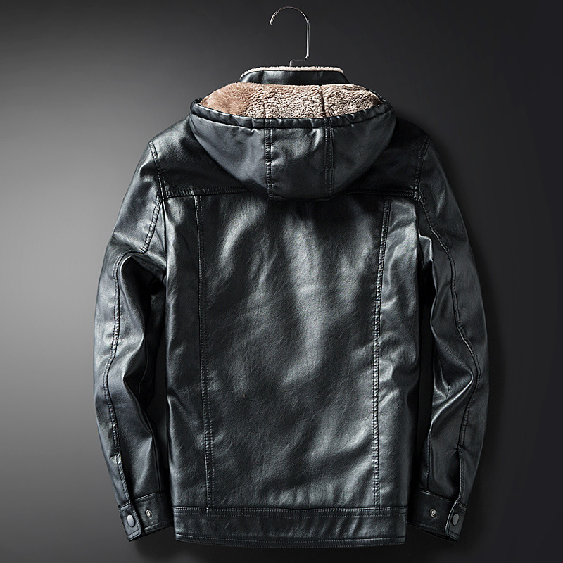 Winter men's PU leather cotton jacket, youth fur one-piece, fleece, thickened, hooded, slimming trend 1118 details Picture