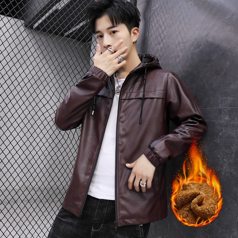The new autumn and winter Korean-style casual men's warm fleece leather jacket for men's outerwear from a trendy leather jacket brand details Picture