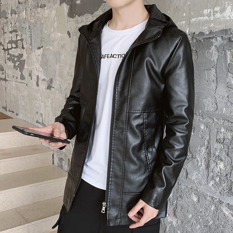Mid-length PU leather jacket for men, comfortable leather hooded, thin windbreaker for autumn, fashionable and casual, Korean-style slimming 2020 Application Scenario