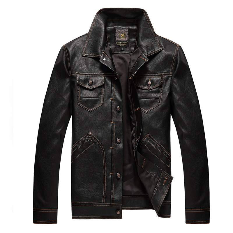 A young man with a lapel leather jacket for autumn and winter, a multi-pocket, form-fitting PU leather jacket, cross-border motorcycle 888 details Picture