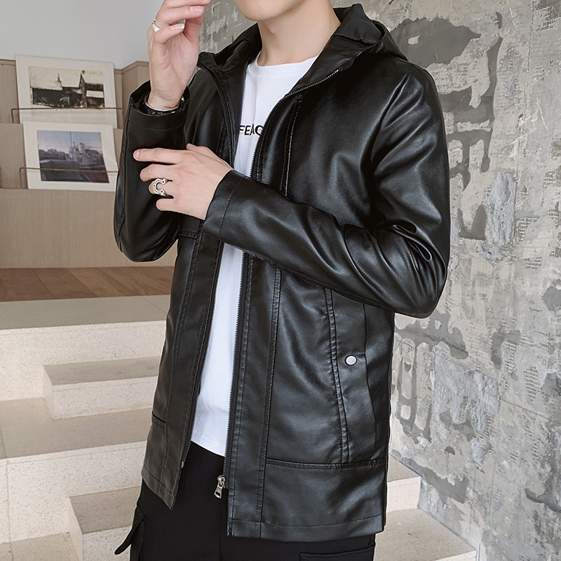 Mid-length PU leather jacket for men, comfortable leather hooded, thin windbreaker for autumn, fashionable and casual, Korean-style slimming 2020 details Picture