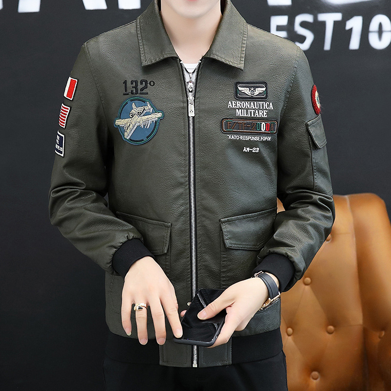 Spring and Autumn 2020 men's leather jacket, Korean-style trendy slimming youth casual lapel flying motorcycle pu leather jacket