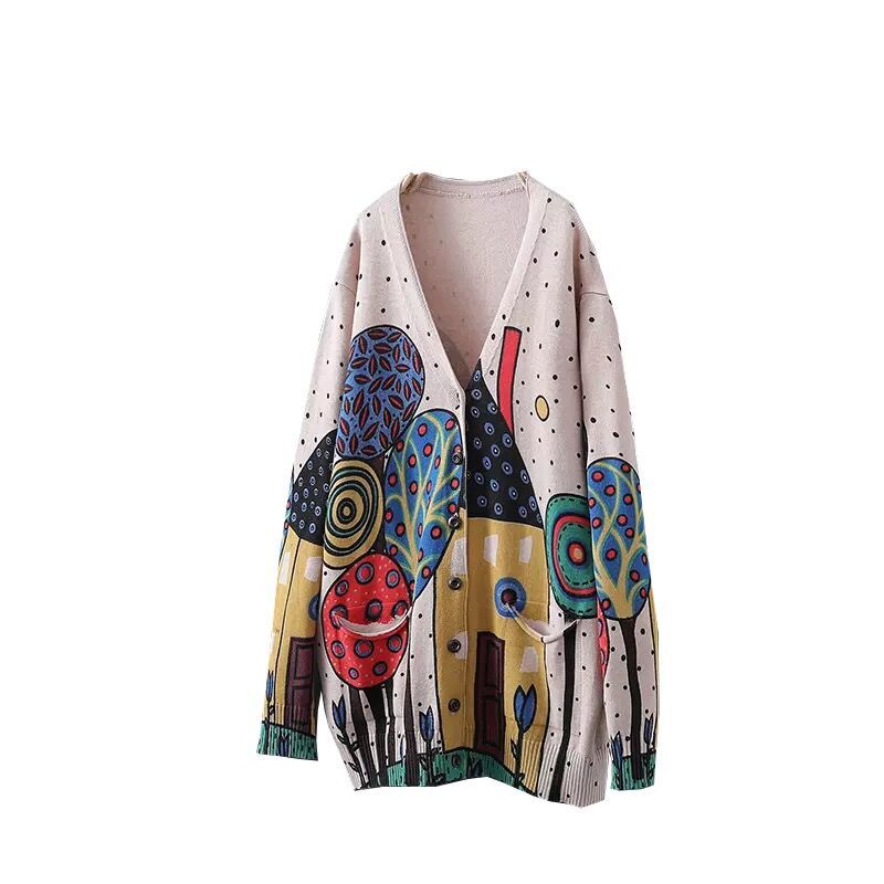 Retro and artistic plus-size knitted women's jacket 2022 Spring New style Loose printed ethnic style knitted cardigan Item Picture