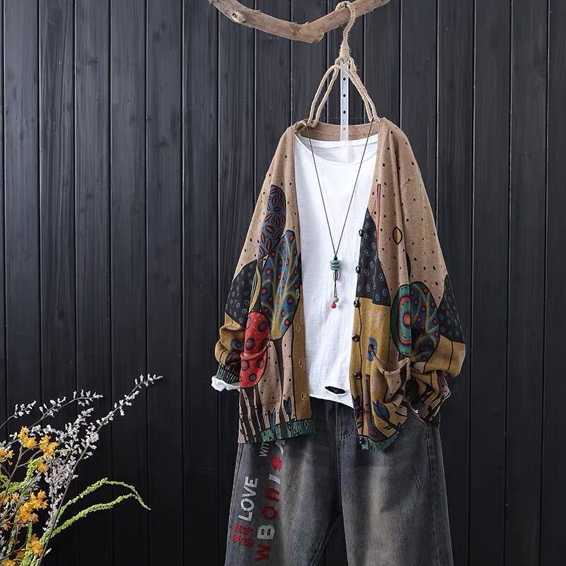 Retro and artistic plus-size knitted women's jacket 2022 Spring New style Loose printed ethnic style knitted cardigan Specification image