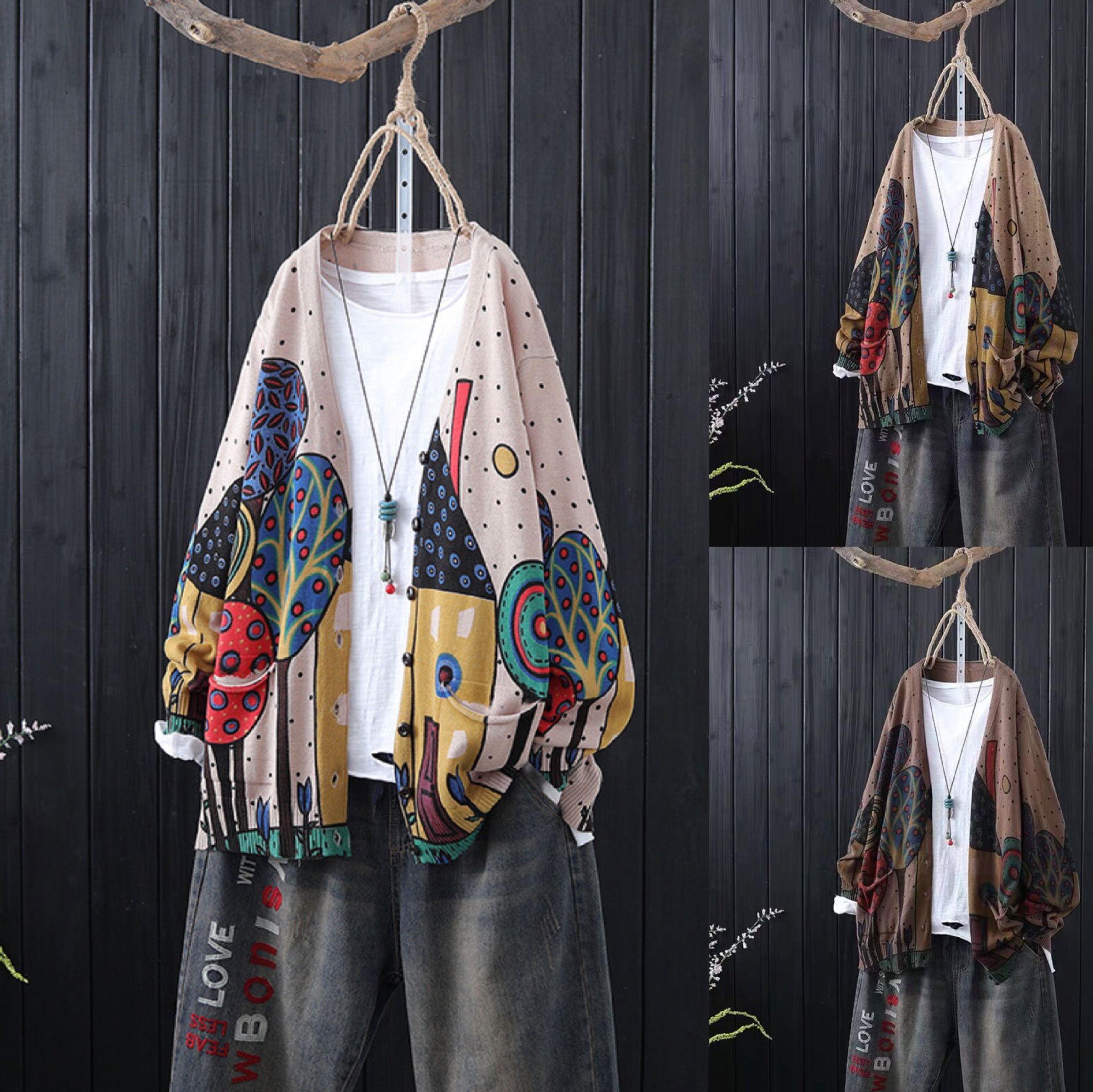 Retro and artistic plus-size knitted women's jacket 2022 Spring New style Loose printed ethnic style knitted cardigan