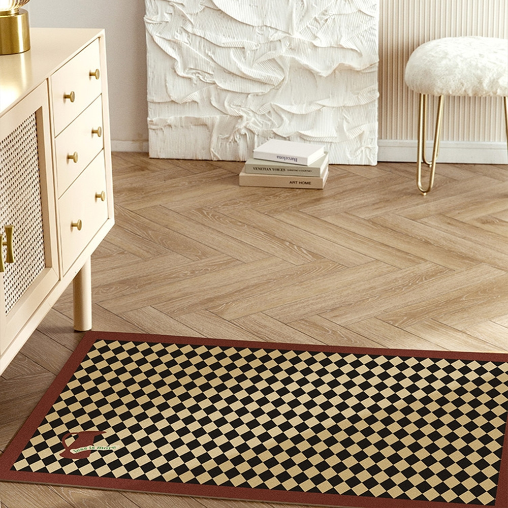 The household entrance door mat is washable, the coffee-colored checkered bathroom mat is black and white checkered, and the kitchen carpet is fully laid Application Scenario