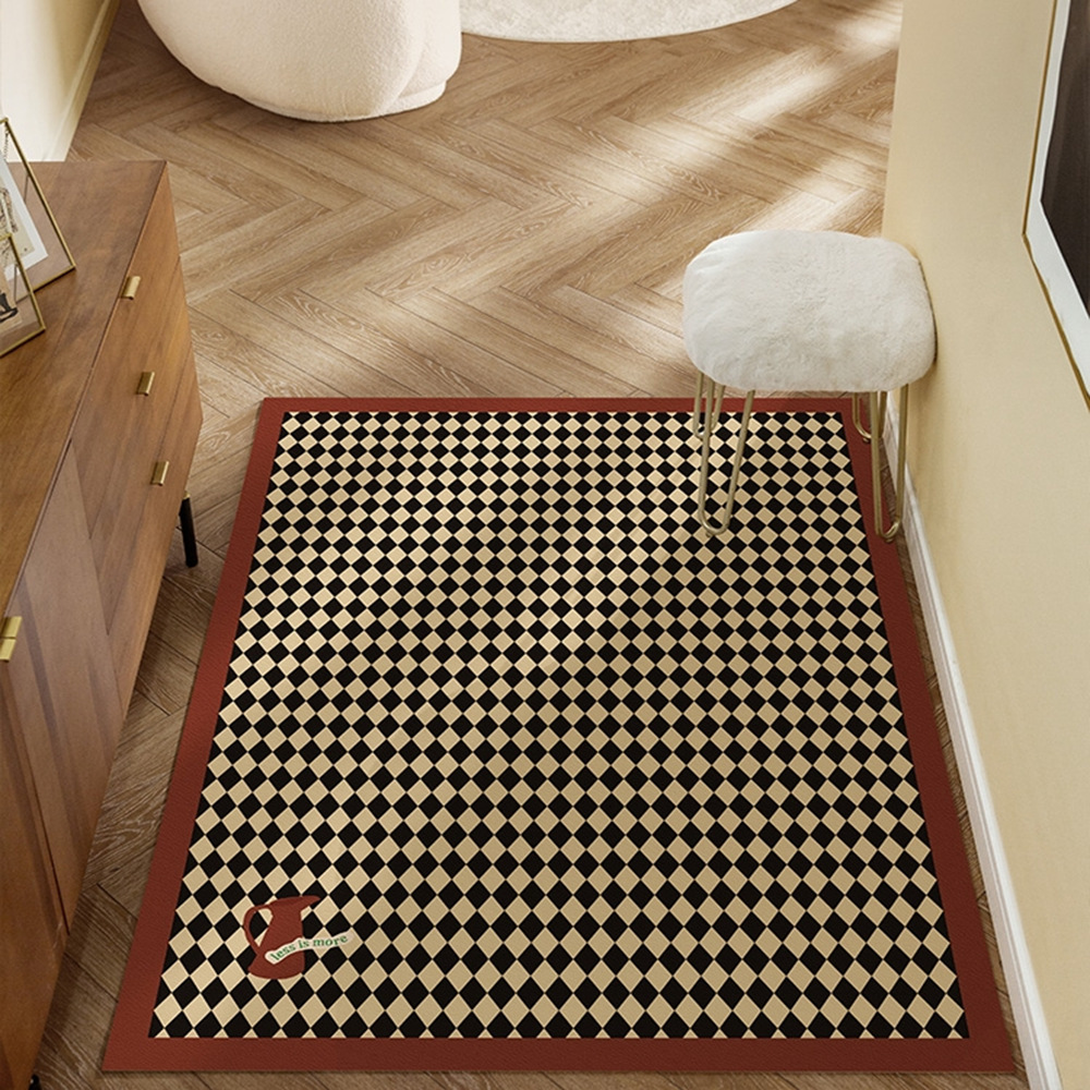 The household entrance door mat is washable, the coffee-colored checkered bathroom mat is black and white checkered, and the kitchen carpet is fully laid Specification image