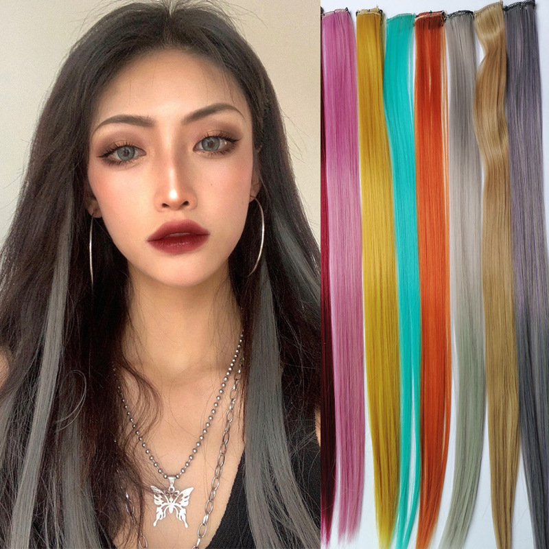 Ear-hanging dyed colored wig pieces, one-piece natural invisible highlight dyed hair extensions, gradient long straight hair extensions for women