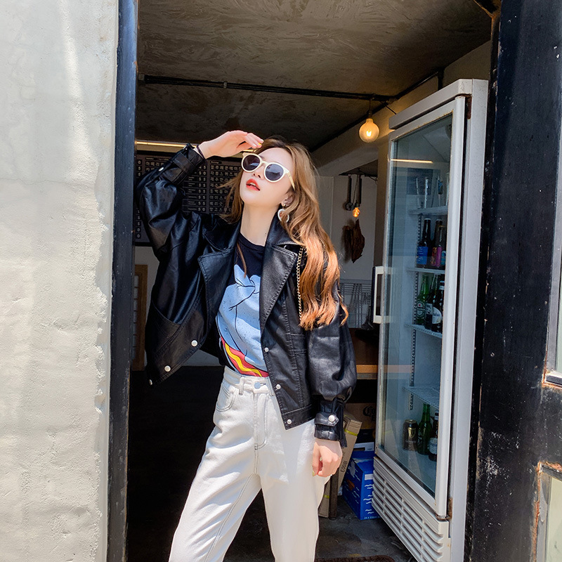 Black pu leather women's 2022 Spring and Autumn new fashionable Korean bf style loose short casual jacket is trendy Specification image
