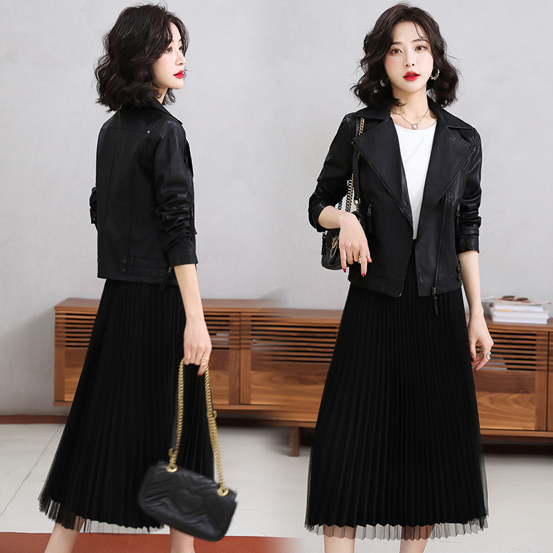 Women's 2022 Spring and Autumn new lapel slim short PU leather jacket with zipper casual top details Picture