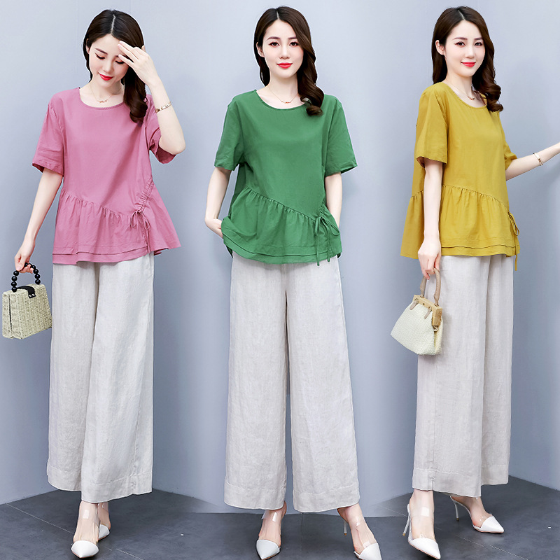 2022 New Women's summer two-piece overpants, loose pluse-sized top, cotton and linen wide-leg pants, casual and fashionable set for women